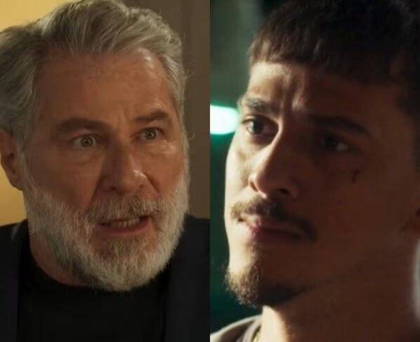 César Montebello (Leopoldo Pacheco) e Merreca (Ruan Aguiar) em Fuzuê